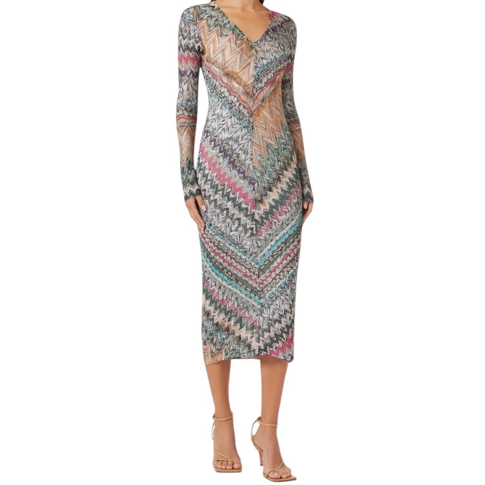 Missoni Multicolor Zig Zag Chevron Metallic Knitted V-Neck Midi Bodycon Dress 4 - Picture 16 of 16